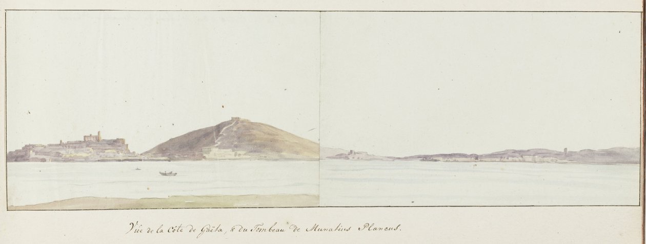 Gezicht op kust van Gaeta en mausoleum van Munatius Plancus (Lucio Munazio Planco) Vue de la côte de Gaëta ، & du Tombeau de Munatius Plancus (العنوان على الكائن) Voyage en Italie، en Sicile et à Malte - 1778 (عنوان السلسلة) بواسطة لويس دوكروس