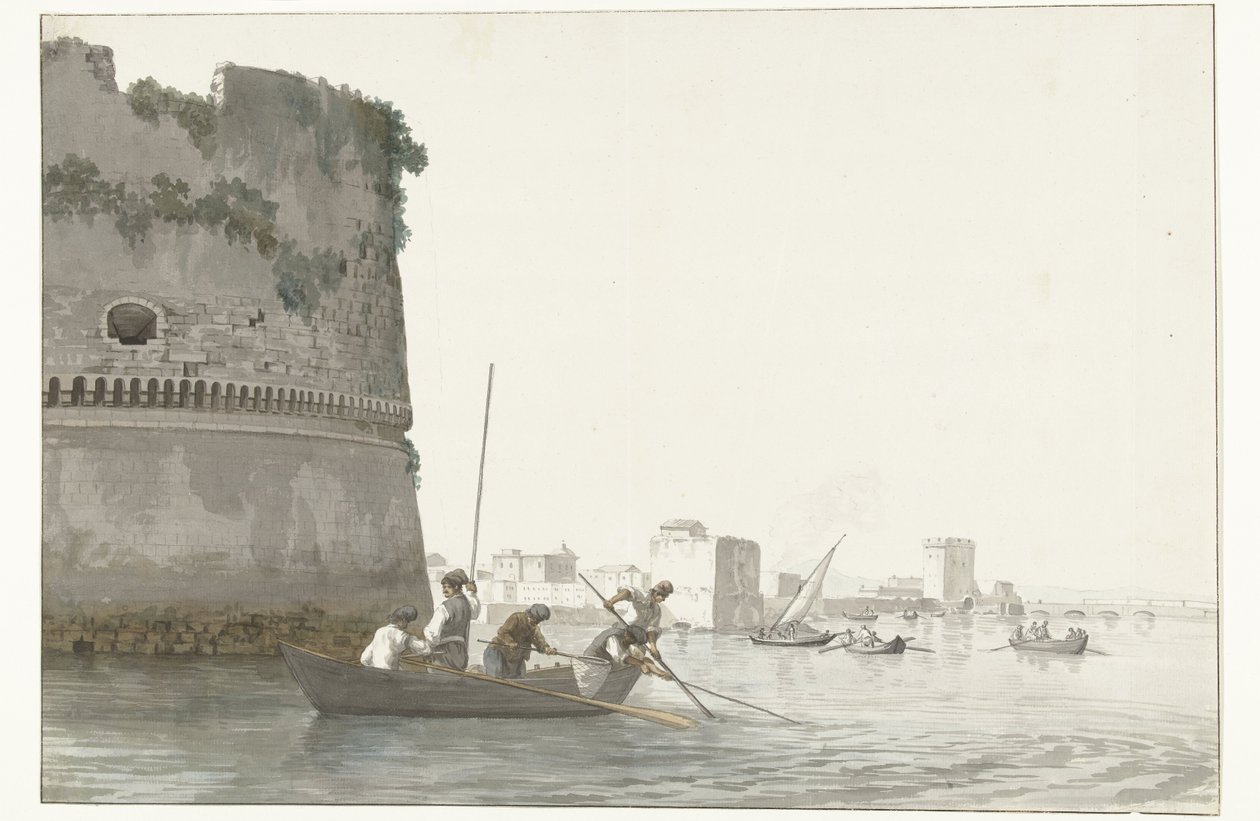Mosselvissers op Mare Piccolo bij de vestingwerken van Taranto صيد بلح البحر في Mare piccolo of Taranto من زاوية القلعة (العنوان على الجسم) رحلات في إيطاليا وصقلية ومالطا - 1778 (عنوان السلسلة) بواسطة لويس دوكروس