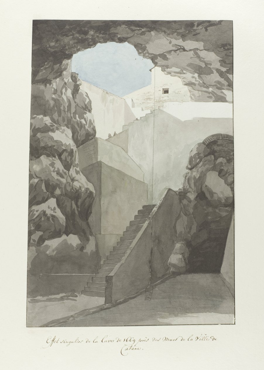 صخور حمم بركانية رائعة تعود إلى عام 1669 عند أسوار مدينة كاتانيا Effet Singulier de la lave de 1669 près des mur de Catane (العنوان على الكائن) Voyage en Italy ، en Sicile et à Malte - 1778 (عنوان السلسلة) بواسطة لويس دوكروس