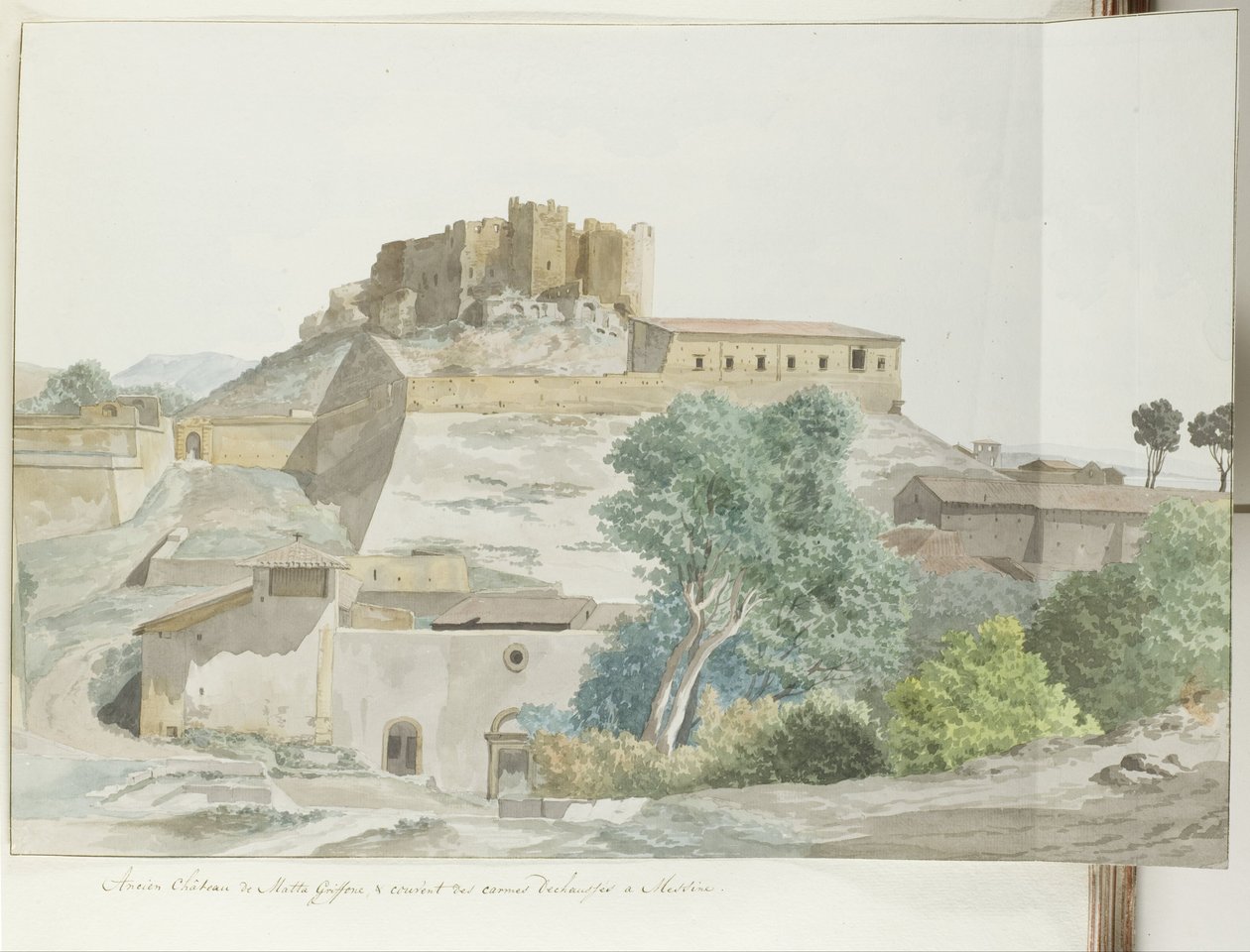 Oude kasteel van Mata en Grifone en het karmelieten klooster، Grondvesten van Messina قلعة ماتا جريفون السابقة ، ودير الكرمليين المنقطعين في ميسينا (العنوان على الجسم) رحلات في إيطاليا وصقلية ومالطا - 1778 (عنوان السلسلة) بواسطة لويس دوكروس
