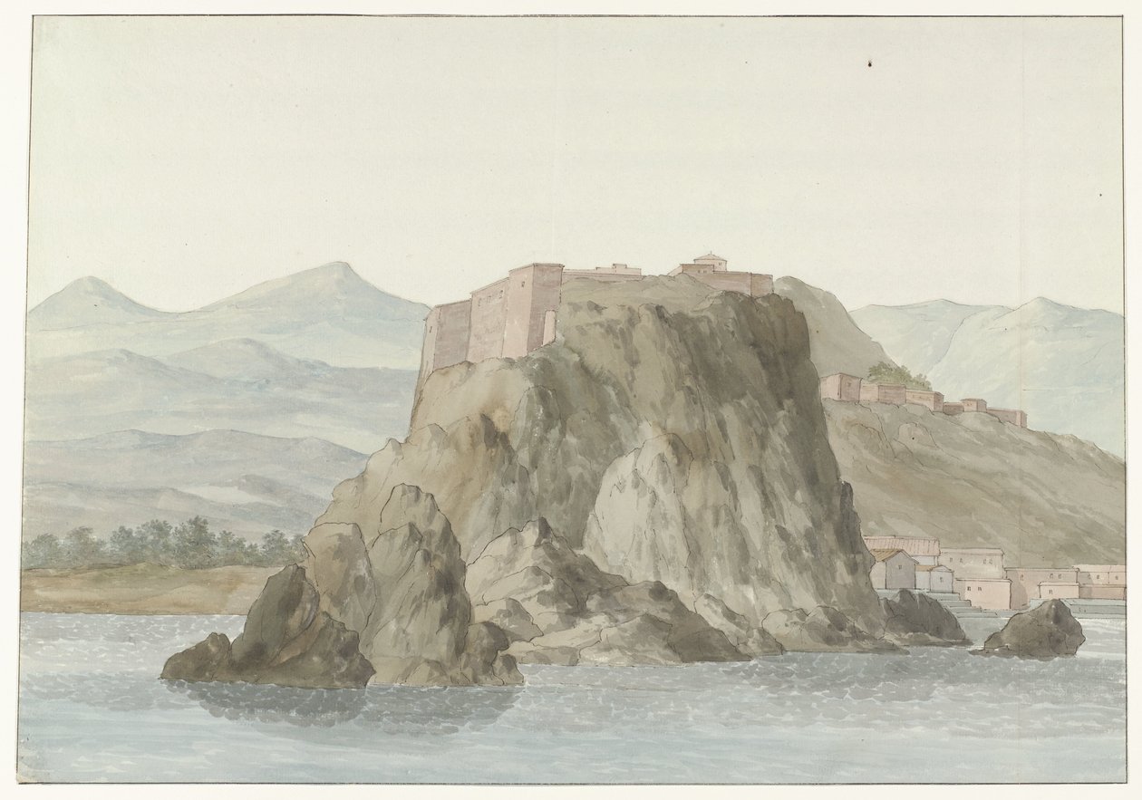 صخرة وبلدة سيلا في منطقة كالابريا تُرى من البحر على الجانب الشمالي Rocher & Ville de Scilla and Calabre؛ جائزة vue en mer، du côté du Nord (العنوان على الكائن) Voyage en Italy ، en Sicile et à Malte - 1778 (عنوان السلسلة) بواسطة لويس دوكروس