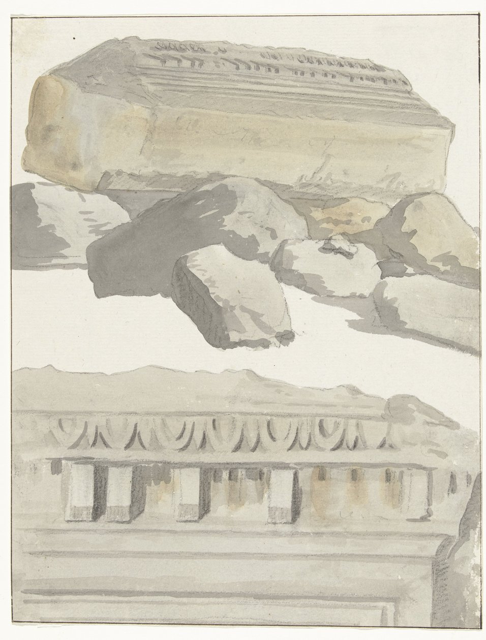 Twee stukken van een architraaf van de antieke Temple في de oude stad Manduria منظر لغرفة من عتبة المعبد القديم في مدينة Manduria القديمة رحلات في إيطاليا وصقلية ومالطا - 1778 (عنوان السلسلة) بواسطة لويس دوكروس