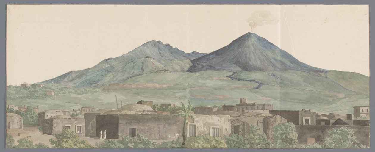 Vesuvius gezien vanaf Portici met lavastromen uit 1777، 1771 en 1731 فيزوف يُرى من بورتيشي مع الحمم 1777 ، 1771 ، 1731 (العنوان على الجسم) رحلات في إيطاليا وصقلية ومالطا - 1778 (عنوان السلسلة) بواسطة لويس دوكروس