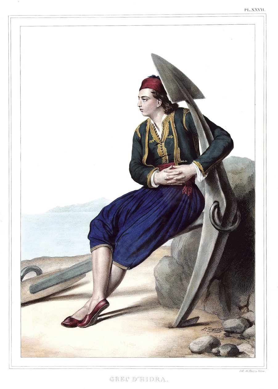 dhidra اليونانية. في "" رحلة إلى أثينا والقسطنطينية ، أو مجموعة صور ومناظر وأزياء يونانية وعثمانية ، رسمها لويس دوبري (1789-1837) تلميذ داود على أماكن ما بعد الطبيعة والطباعة الحجرية والألوان. بواسطة لويس دوبري