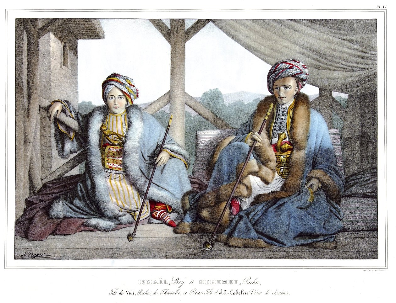 إسماعيل وباي ومحميت باشا ، ابن فيلي ، باشا ثيساليا وحفيد علي تبلين (1741-1822) ، وزير جانينا ، في "" رحلة إلى أثينا والقسطنطينية ، أو مجموعة من الصور والمناظر والأزياء اليونانية والعثمانية ، رسمت على أماكن natu بواسطة لويس دوبري