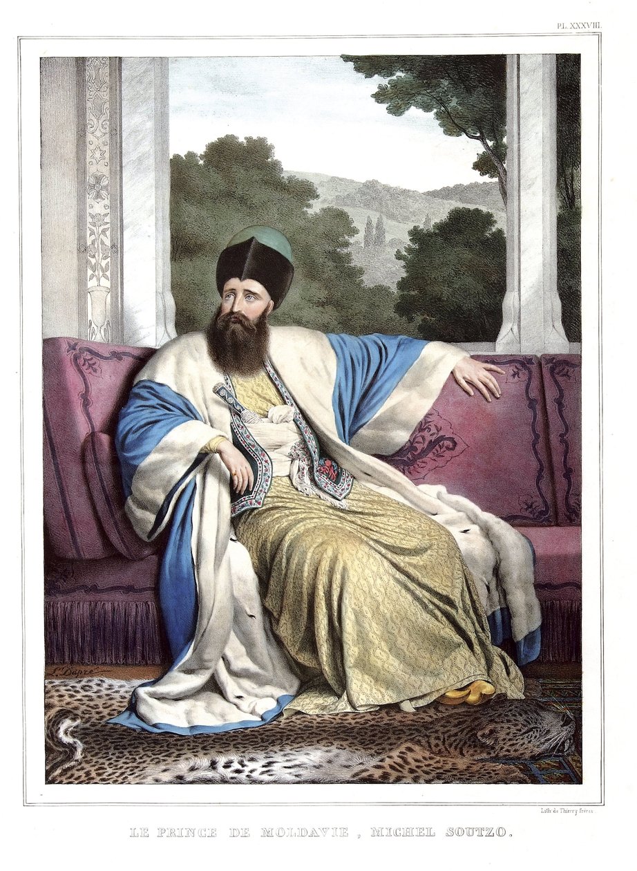 The Prince of Moldova, Michael Soutzo (1729-1830). in “” Journey to Athenes and Constantinople, or collection of Greek and Ottoman portraits, views and costumes, painted on places by nature, lithographs and colories by Louis Dupre (1789-1837), pupil of Dav بواسطة لويس دوبري