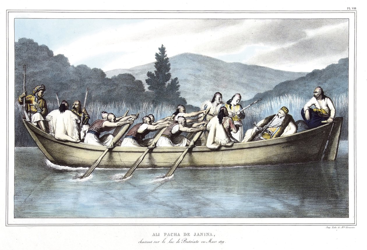 علي باشا دي جانينا (1741-1822) ، قام بالصيد في بحيرة بوترينتو في مارس 1819. في "" رحلة إلى أثينا والقسطنطينية ، أو مجموعة من الصور والمناظر والأزياء اليونانية والعثمانية المرسومة على أماكن بعد الطبيعة والطباعة الحجرية والألوان بواسطة لويس دوبري بواسطة لويس دوبري