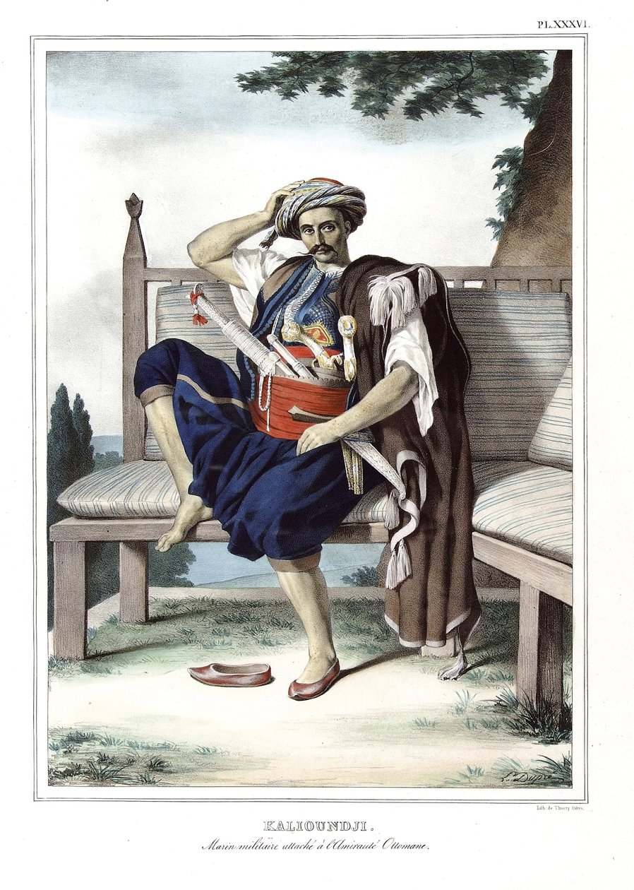 كاليونجي ، بحار عسكري ملحق بالادميروت العثماني. في "" رحلة إلى أثينا والقسطنطينية ، أو مجموعة من الصور والمناظر والأزياء اليونانية والعثمانية المرسومة على أماكن الطبيعة والطباعة الحجرية والألوان بواسطة لويس دوبري (1789-1837) ، ص بواسطة لويس دوبري