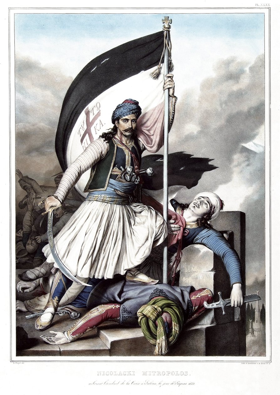 نيكولاكي نيتروبولوس ، مرتديًا معيار الصليب في حصن سالونا المأخوذ من الإمبراطورية العثمانية ، عيد الفصح عام 1821. في "" رحلة إلى أثينا والقسطنطينية ، أو مجموعة من الصور والمناظر والأزياء اليونانية والعثمانية المرسومة على بواسطة لويس دوبري