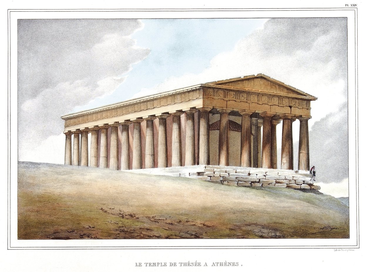 معبد Thesee a Athenes. في "" رحلة إلى أثينا والقسطنطينية ، أو مجموعة صور ومناظر وأزياء يونانية وعثمانية ، رسمها لويس دوبري (1789-1837) تلميذ داود على أماكن الطبيعة والطباعة الحجرية والألوان. بواسطة لويس دوبري
