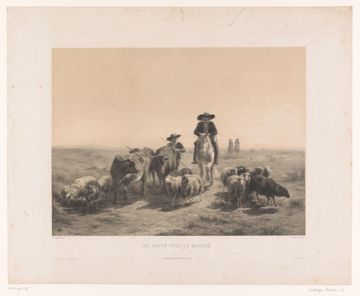 مزارع وراعي مع أبقار وأغنام في طريقهم إلى السوق En route pour le marché (العنوان على الكائن) بواسطة لويس إيمانويل سولانج تيسييه