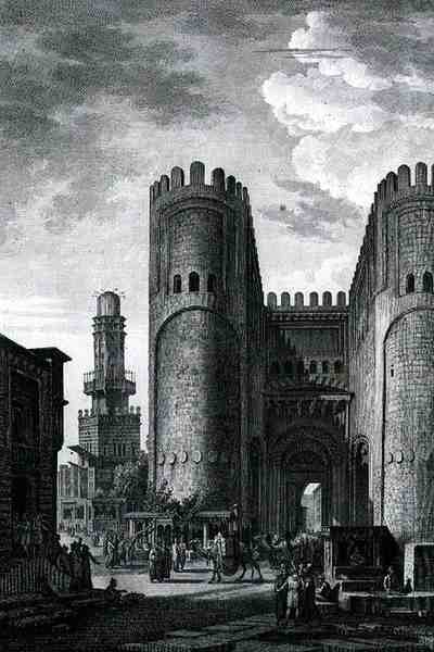 باب الفتوح (بوابة الانتصارات) نقش بقلم بيير نيكولا رانسونيت (1745-1810) من المجلد الثالث من "رحلة بيتوريسك" ، نشرته ليترون ، باريس بواسطة لويس فرانسوا (بعد) كاساس