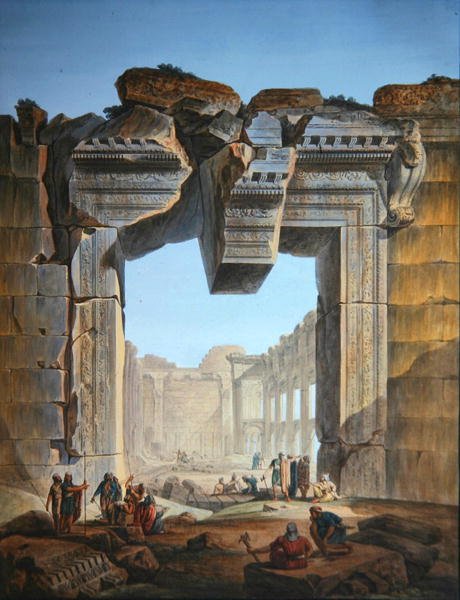 البوابة الرئيسية لمعبد يقع جنوب معبد الشمس في بعلبك ، حوالي 1800 (نقش ملون) بواسطة لويس فرانسوا (بعد) كاساس