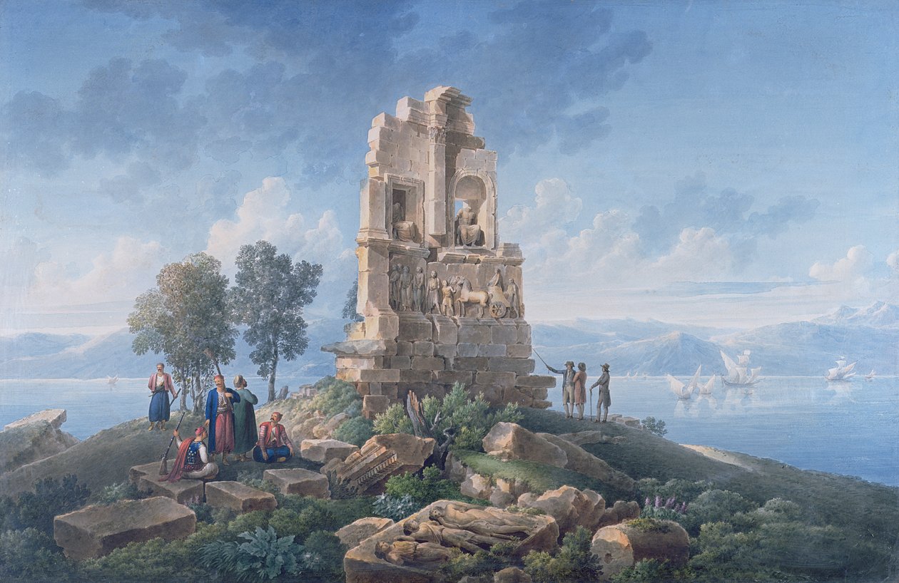 قبر فيلوبابوس في أثينا مع المسافرين. 1821 (بالحبر والألوان المائية) بواسطة لويس فرانسوا كاساس