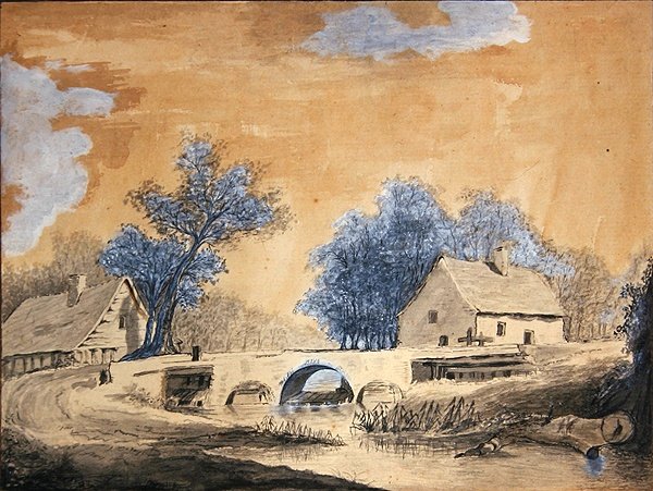 منظر لجسر صغير بالقرب من أمستردام ، أواخر القرن الثامن عشر (قلم حبر وحبر وغسل على ورق) بواسطة لويس فرانسوا كاساس