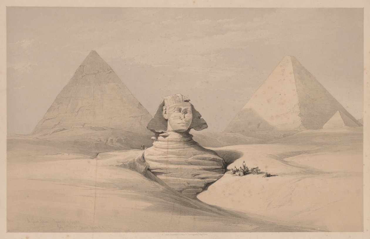 مصر والنوبة: المجلد الأول - رقم 18 ، أبو الهول ، أهرامات الجيزة ، منظر أمامي ، 1839. بواسطة لويس هاجي