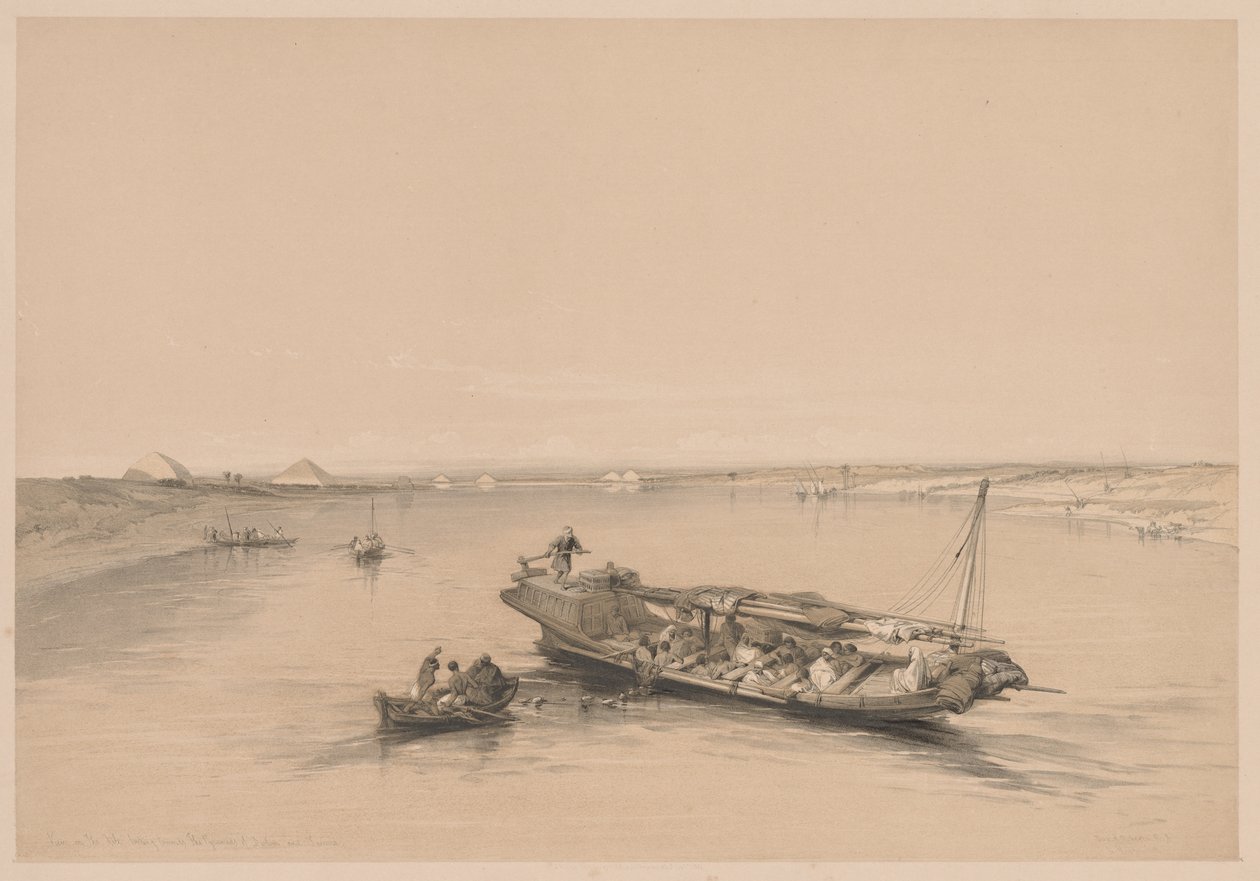 مصر والنوبة: المجلد الأول - رقم 4 ، قوارب العبيد على النيل ، منظر يتطلع نحو ... ، 1838. بواسطة لويس هاجي