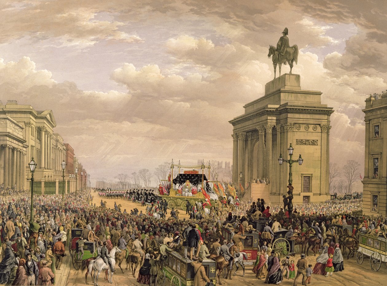 جنازة دوق ويلينغتون ، سيارة الجنازة التي تمر على الممر في Apsley House ، 18 نوفمبر 1852 ، محفورة من قبل توماس بيكن (fl.1838-1870) ، حانة. بواسطة أكرمان وي داي ، 1853 بواسطة لويس هاجي
