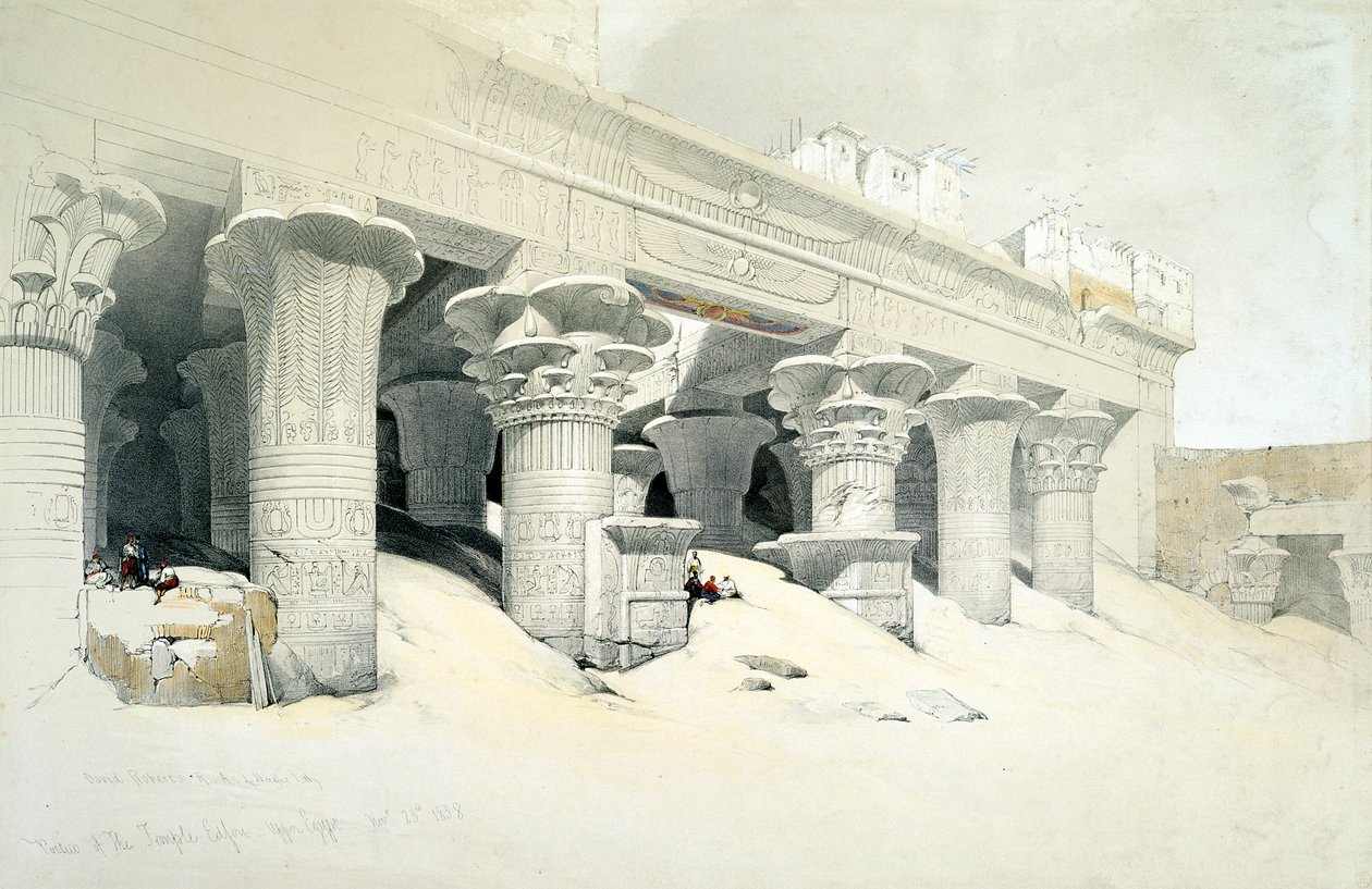 رواق معبد الحجر الرملي في إدفو المخصص للإله حورس برأس الصقر ، مصر ، 1838 بواسطة لويس هاجي