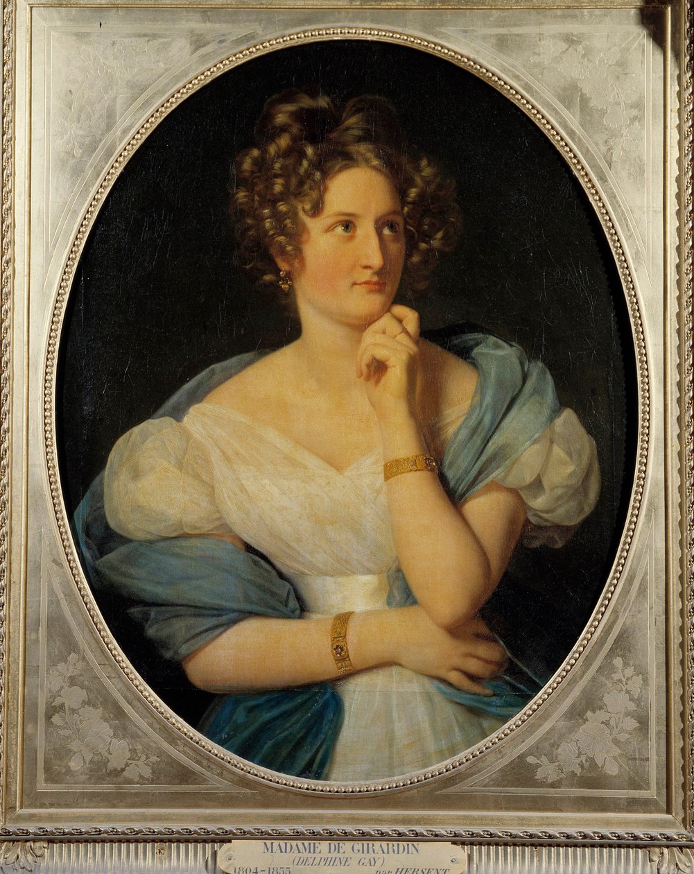 صورة للكاتب الفرنسي دلفين جاي (1804-1855) ، مدام إميل دي جيراردين اسمها المستعار هو Viscount Charles de Delaunay. رسم لويس هيرسينت (1777-1860) 1824 صن. 0.92 × 0.72 م بواسطة لويس هرسنت
