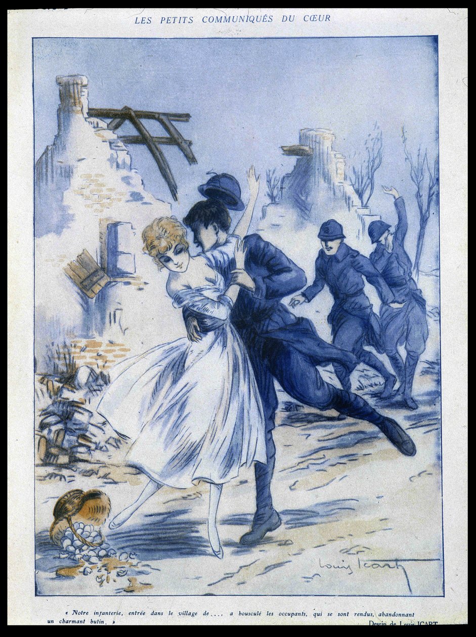 جنود يدخلون المدينة ، أحدهم يقبل امرأة ، "" الغنيمة الساحرة "، رسم للويس إيكارت (1888-1950) في" فانتاسيو "15/12/1915 بواسطة لويس إيكارت