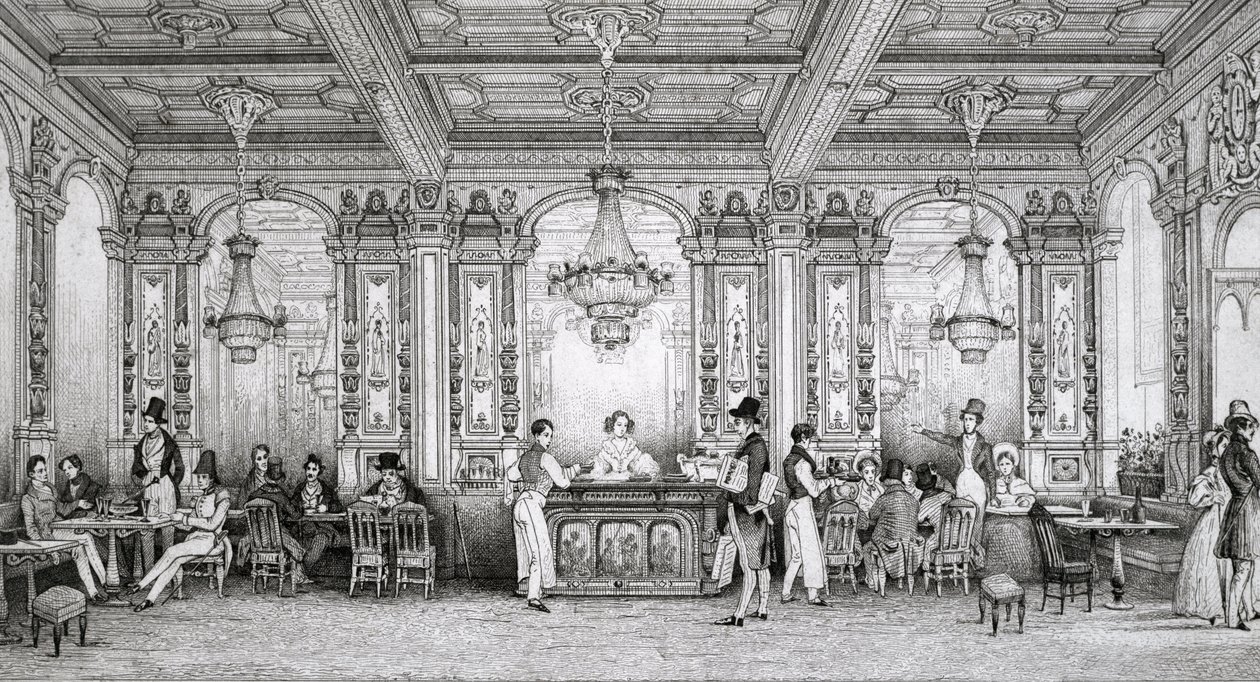 Cafe de la Banque de France بناه المهندس المعماري Dusillon ويقع في Place de Victoire - نقش Schaal - 1839 - بواسطة لويس جاك نيكولاس شال
