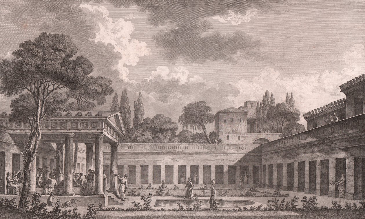 Ideal reconstruction of Villa of Diomedes in Pompeii to its original state before volcano eruption of Mount Vesuvius in 79 AD, Campania, Italy, etching after drawing by Louis Jean Desprez (1743-1804), ca 21x34 cm بواسطة لويس جان (بعد) ديسبريز