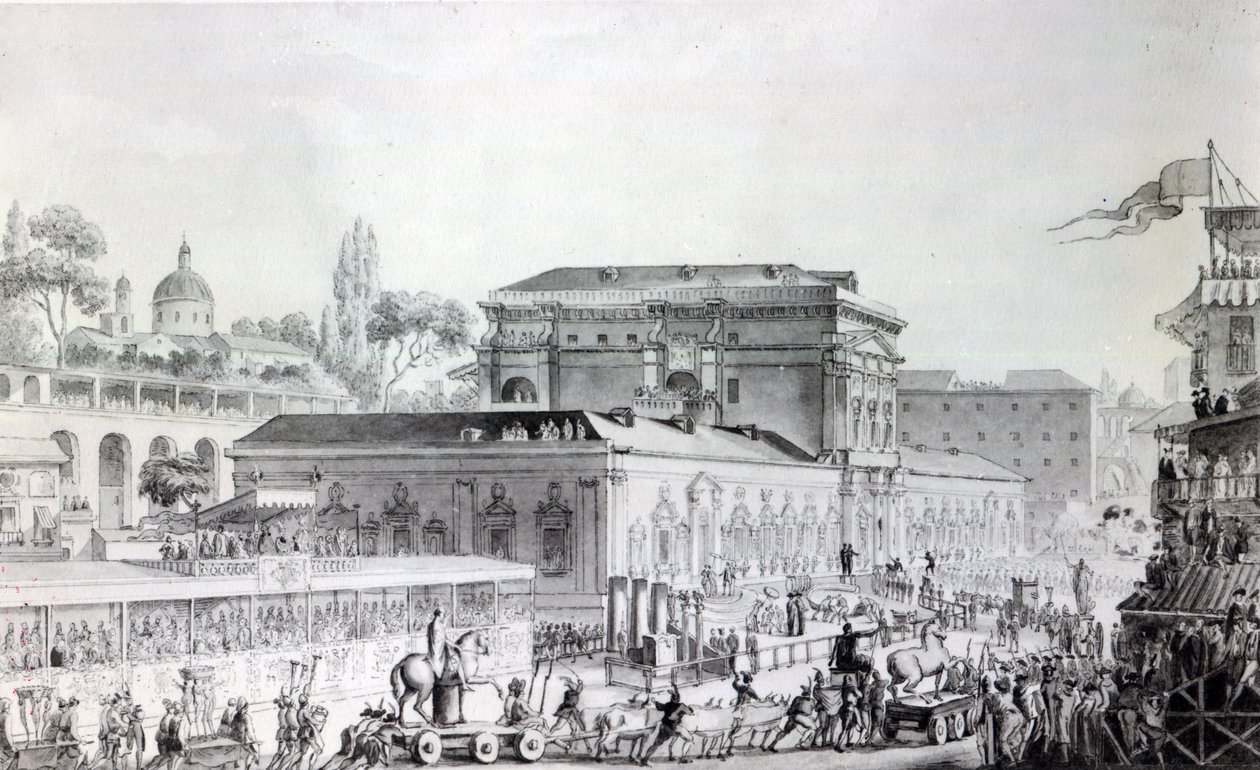 الآثار التي تم العثور عليها في هيركولانيوم يتم نقلها إلى متحف نابولي ، حوالي عام 1782 (قلم حبر ، حبر وألوان مائية على ورق) بواسطة لويس جان ديسبريز