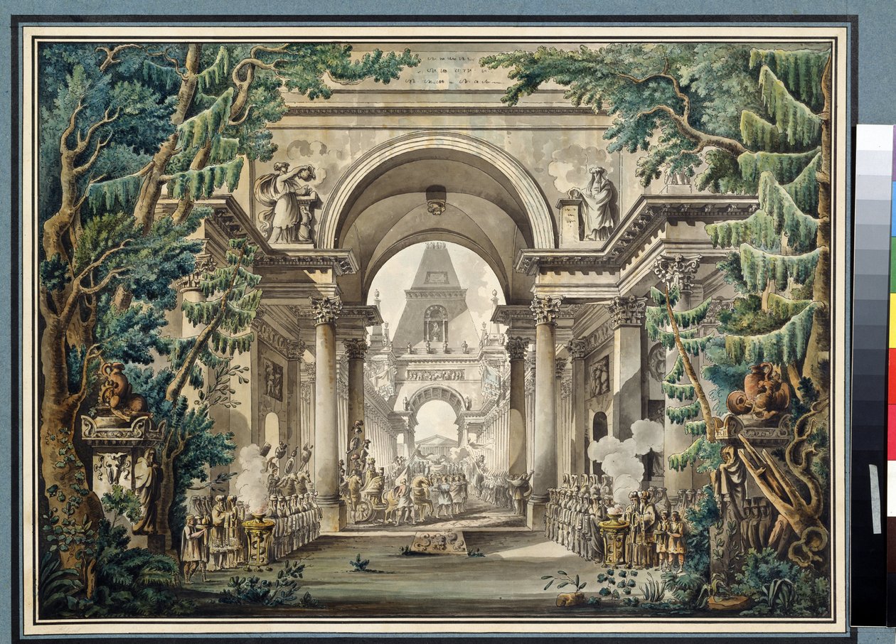 "" موكب في معبد "(موكب في معبد) سينوغرافيا لمسرحية. لوحة مائية من تصميم لويس جان ديسبريز (1743-1804) متحف بوشكين ، موسكو بواسطة لويس جان ديسبريز