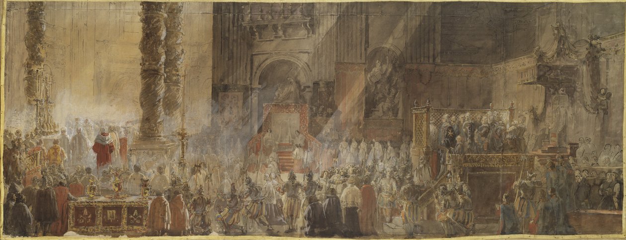 الملك جوستاف الثالث ملك السويد (1746-1792) يحضر قداس عيد الميلاد في كنيسة القديس بطرس بالفاتيكان ، 1783 - الملك جوستاف الثالث ملك السويد يحضر قداس عيد الميلاد في كاتدرائية القديس بطرس في الفاتيكان بواسطة لويس جان ديسبريز