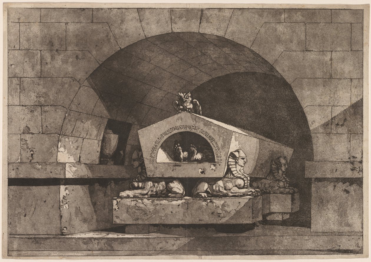مقبرة بأبو الهول: نصب جنائزي بومة على تابوت مدعوم من أبو الهول ، ج. 1779-84. بواسطة لويس جان ديسبريز