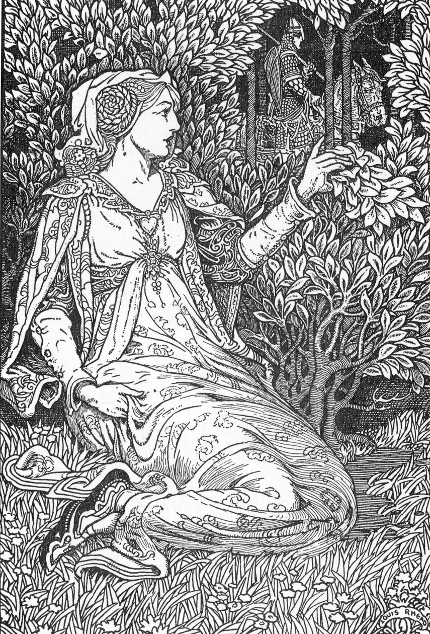 La belle Iseult (صورة لإيزولت (إيسولت)) رسم للويس ريد (1858-1926) من مجموعة خاصة "الملك آرثر وفرسانه" عام 1923 بواسطة لويس جون ريد