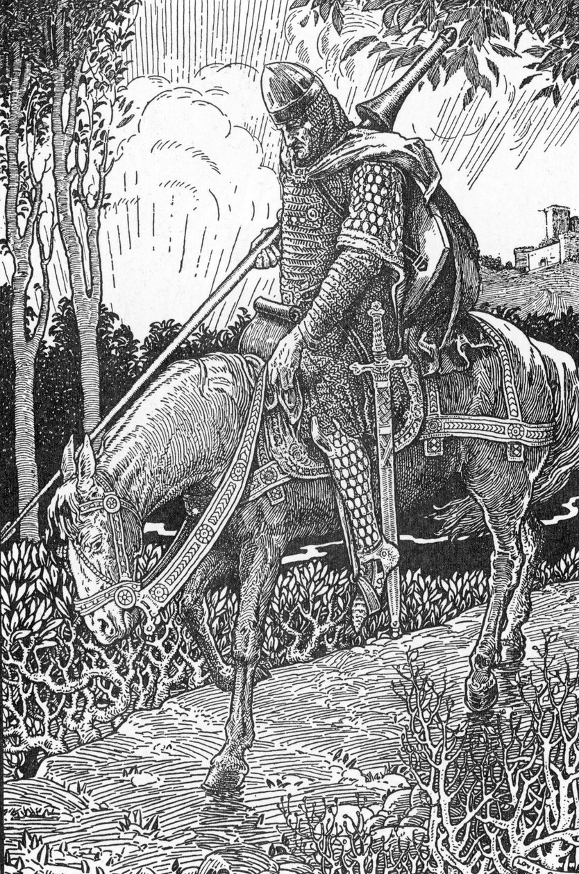 Mordred (Modred) الجروح بعد معركة Camlann ضد والده الملك آرثر (Mordred أصيب بعد معركة Camlann) رسم رسم بواسطة Louis Rhead (1858-1926) من مجموعة خاصة من "King Arthur and his knights" 1923 بواسطة لويس جون ريد