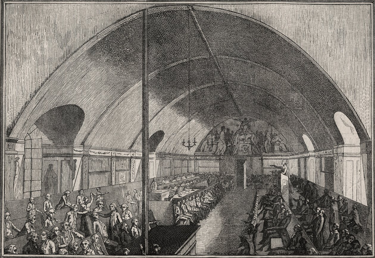 L'ancien club des Jacobins rue Saint-Honore (Convent des Jacobins) - جلسة في نادي Jacobins - يترأس Alexandre de Lameth بينما يلقي Mirabeau خطابًا (من يناير إلى فبراير 1791) نقش بواسطة Masquelier - Reunion في غرفة اليعاقبة ، الأمم المتحدة بواسطة لويس جوزيف الأول ماسكيلير