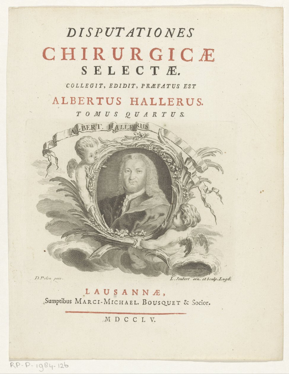 بورتريت فان ألبريشت فون هالر ألبرت هالر (العنوان على الكائن) Titelpagina for: Albrecht von Haller ، نقاشات جراحية مختارة ، 1755 بواسطة لويس جوبيرت