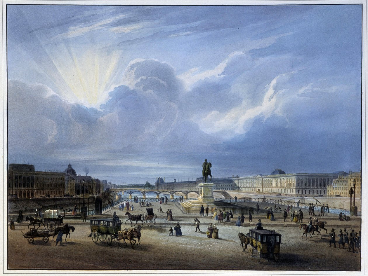 منظر عام لمتحف اللوفر وتمثال هنري الرابع في "" Paris en 1837 "لأرنوت بواسطة لويس جول أرنوت