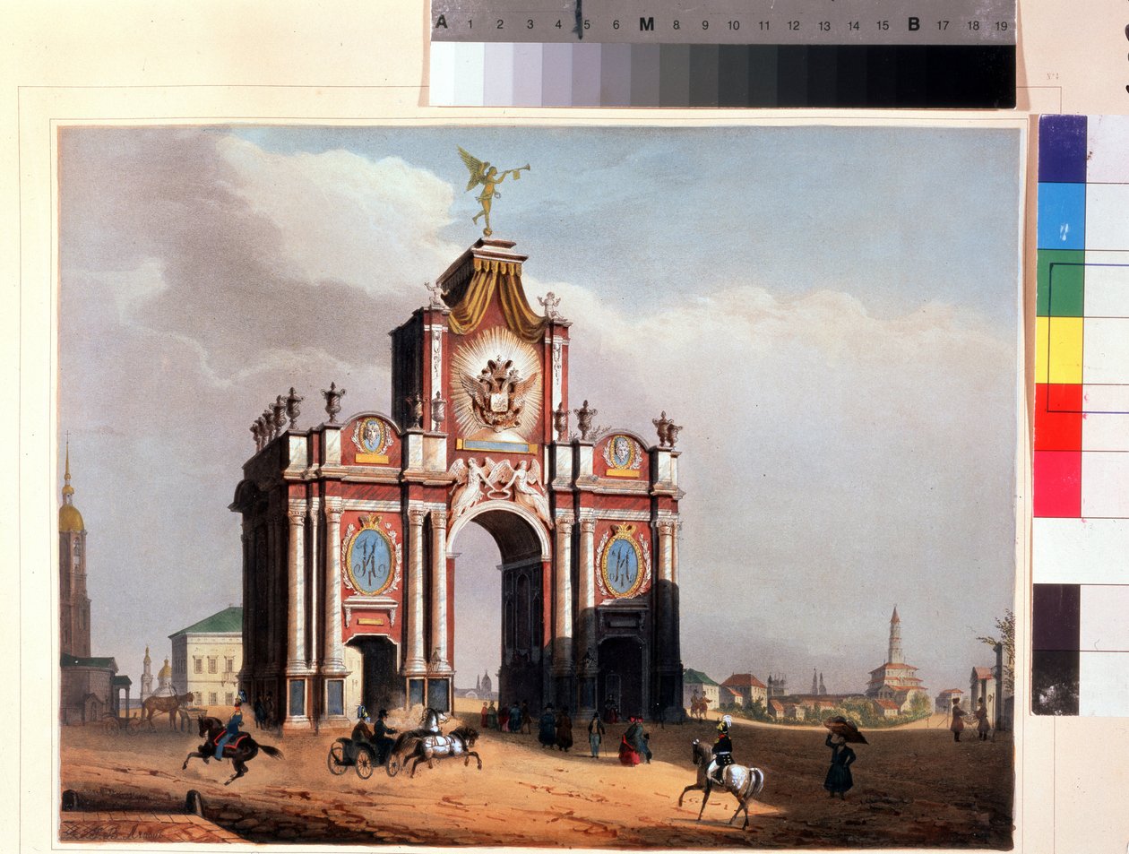 البوابة الحمراء في موسكو. مطبوعات لويس جول أرنوت (1814-1868) ، ملونة بالألوان المائية ، حوالي عام 1830. الفن الفرنسي ، الكلاسيكية. متحف بوشكين التذكاري ، سانت بطرسبرغ. بواسطة لويس جول أرنوت