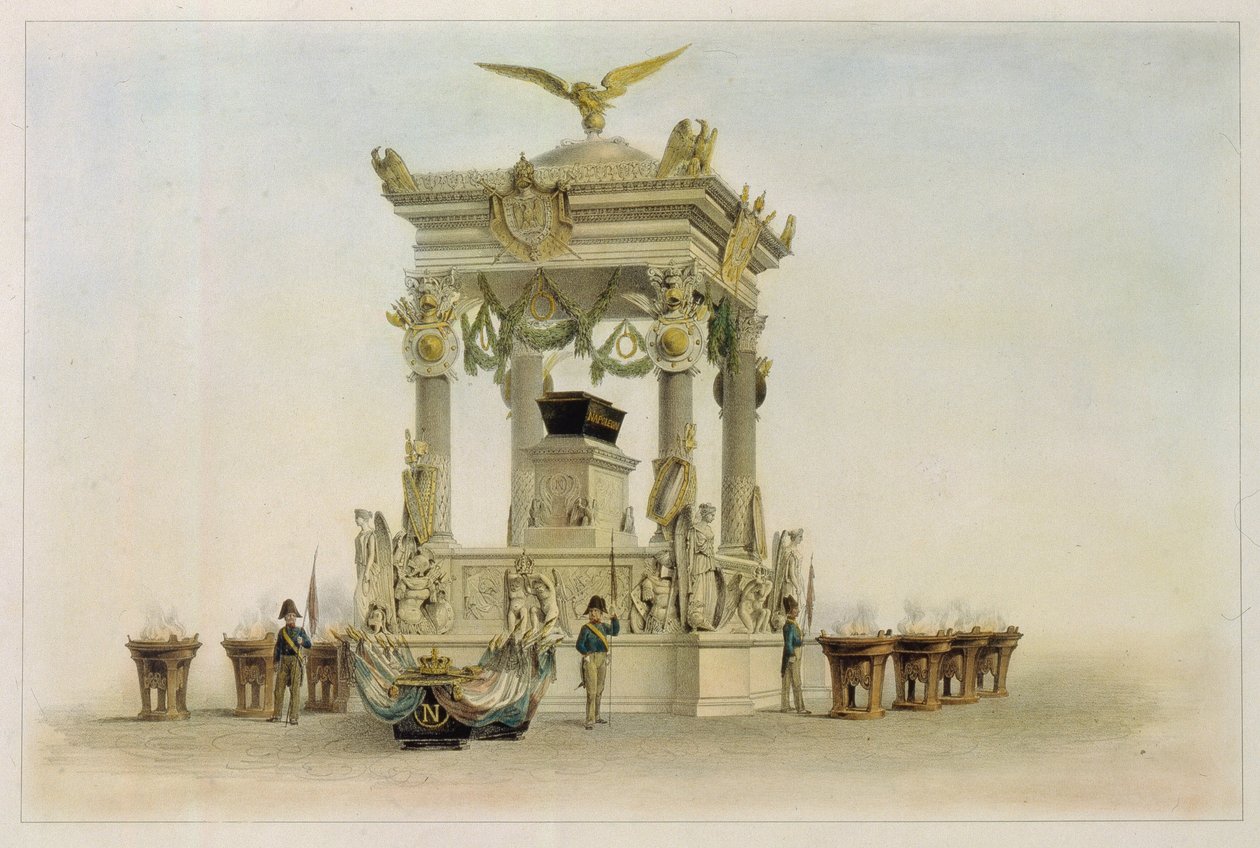 نعش نابليون الأول بونابرت (1769-1821) في كنيسة Invalides (باريس ، فرنسا). (نعش نابليون في الكنيسة في Les Invalides). عمل لويس جول أرنوت (1814-1868) ، طباعة حجرية وألوان مائية. الفن الفرنسي في القرن التاسع عشر والكلاسيكية. بواسطة لويس جول أرنوت