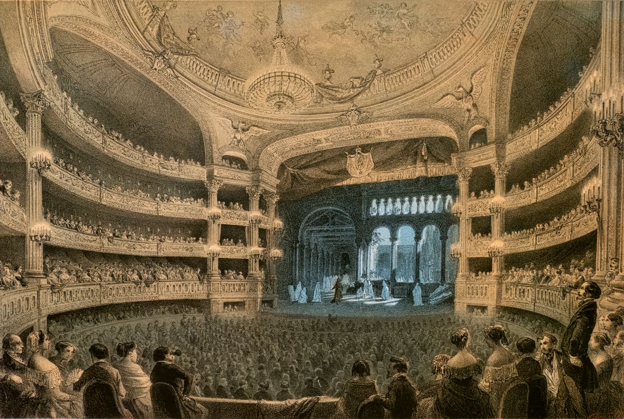 أكاديمية إمبريال للموسيقى ، مسرح الأوبرا ، أثناء أداء "روبرت لو ديابل" (1831). الطباعة الحجرية بالألوان. بواسطة لويس جول أرنوت