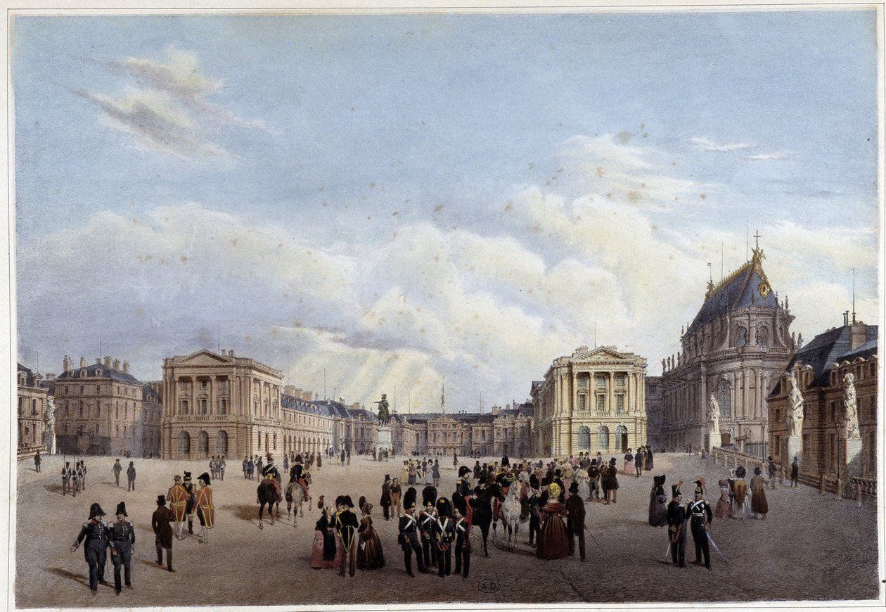 الفناء الرئيسي لقصر فرساي - في "" المشي في باريس ومحيطها "، صممه Jacottet و Benoist ، c. 1840 بواسطة لويس جوليان جاكوت