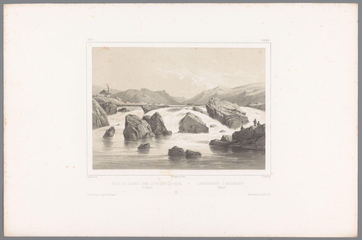 صيادو سمك السلمون عند نهر كاسا في هالاند Pêche du saumon dans la rivière de Kassa à Halland / Laxefiskiriet i Kassaelven ، Halland (العنوان على الكائن) وجوه في الدول الاسكندنافية (عنوان المسلسل) Vues du Nord. سويدي (عنوان المسلسل) بواسطة لويس جوليان جاكوت