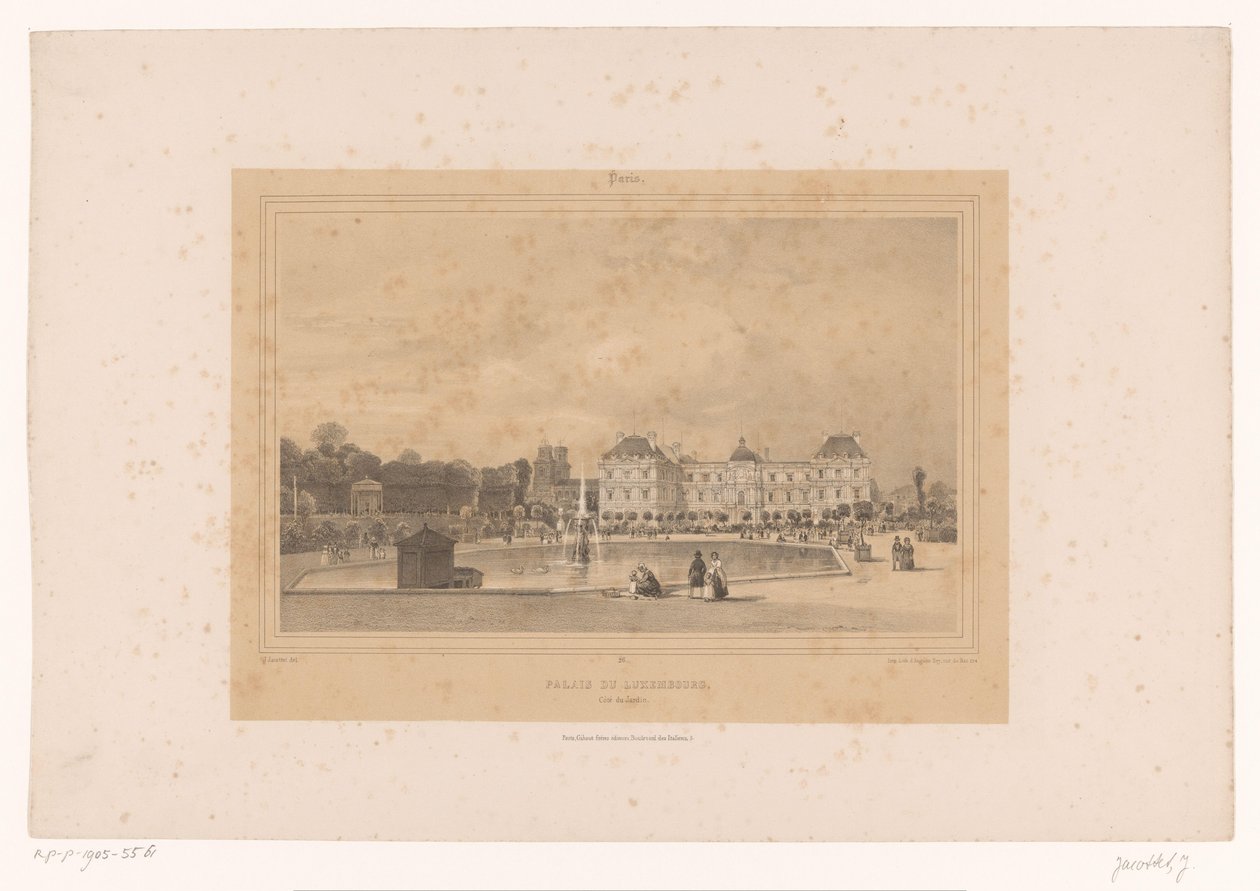 منظر لقصر لوكسمبورغ من Jardin du Luxembourg Palais du Luxembourg، Côté du Jardin (العنوان على الجسم) Gezichten in en om Paris (عنوان المسلسل) باريس (عنوان المسلسل على الكائن) بواسطة لويس جوليان جاكوت