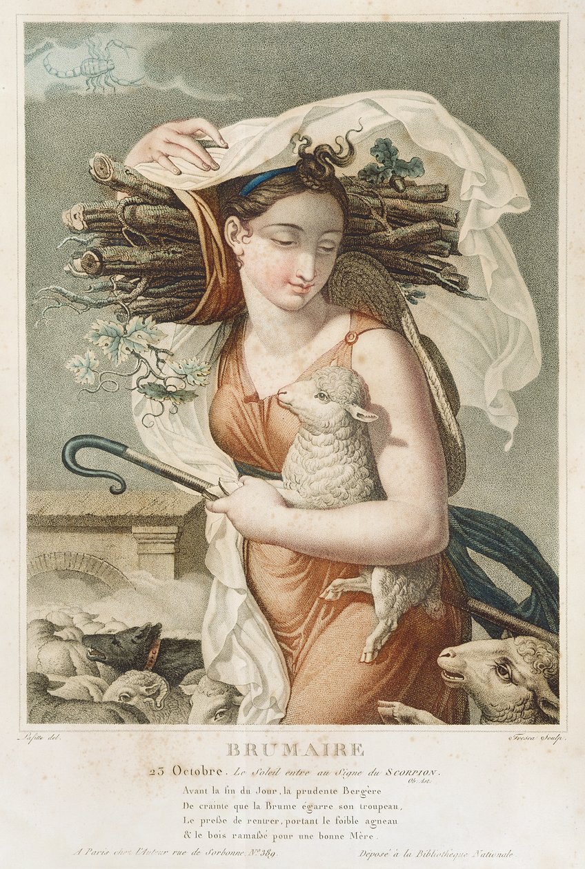 Brumaire (OctoberNovember) ، الشهر الثاني من التقويم الجمهوري ، نقشها Tresca ، الفرنسية ، c.1794 (النقش) بواسطة لويس لافيت
