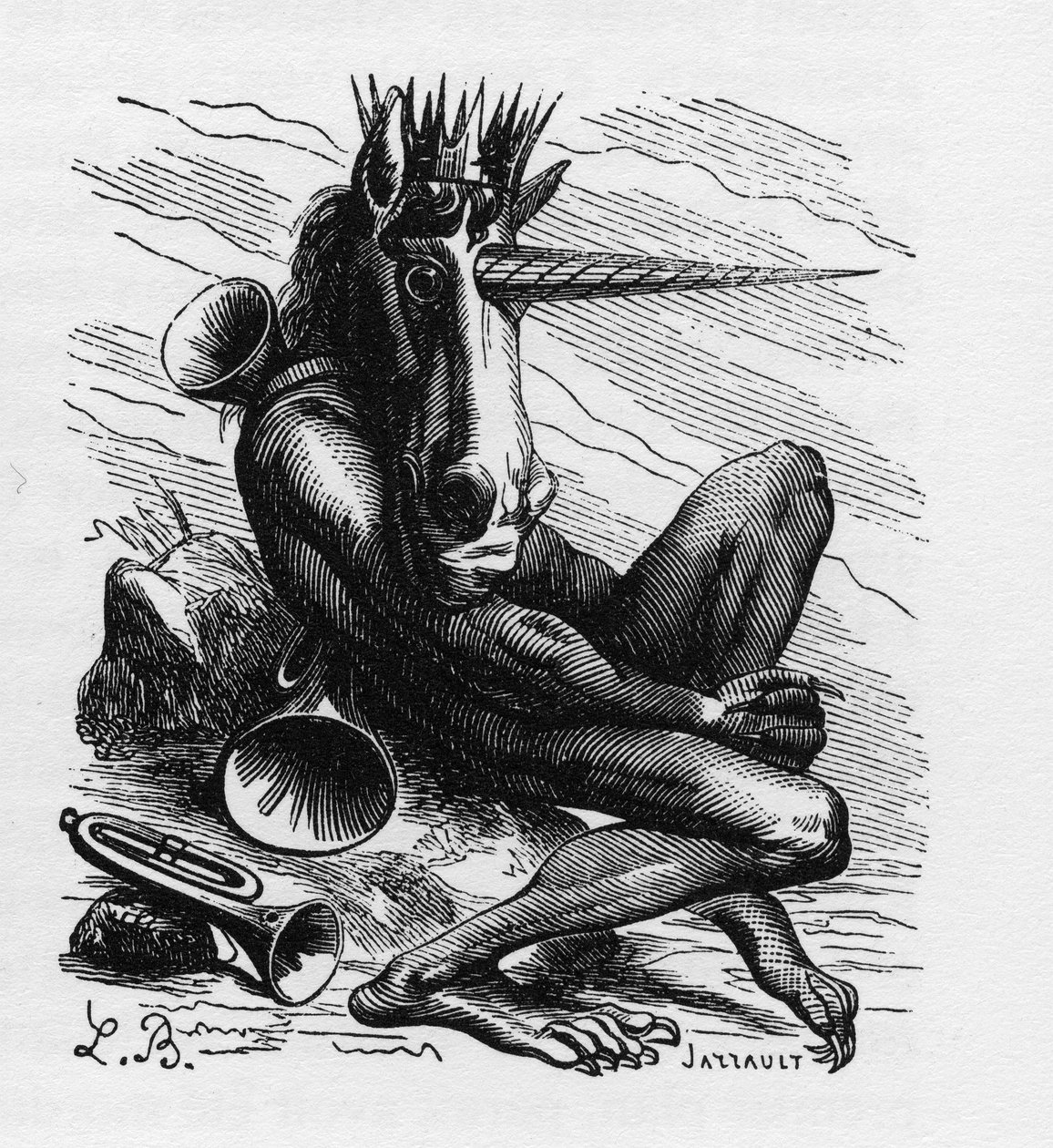 شيطان AMDUSCIAS في Ars Goetia - Amdusias - شيطان مشتق من معتقدات goetie (فن وممارسة استدعاء الشياطين) - في "القاموس الجهنمي" بواسطة Collin de Plancy - نقش بواسطة L. Breton. باريس بواسطة لويس لو بريتون