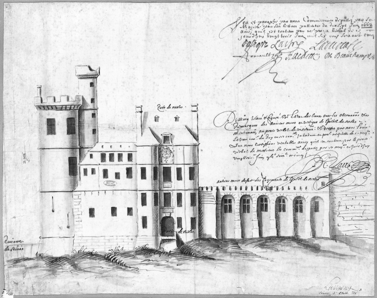 واجهة Porte and Hotel de Nesle ، 1662 (قلم وحبر وغسل على ورق) بواسطة لويس لو فاو