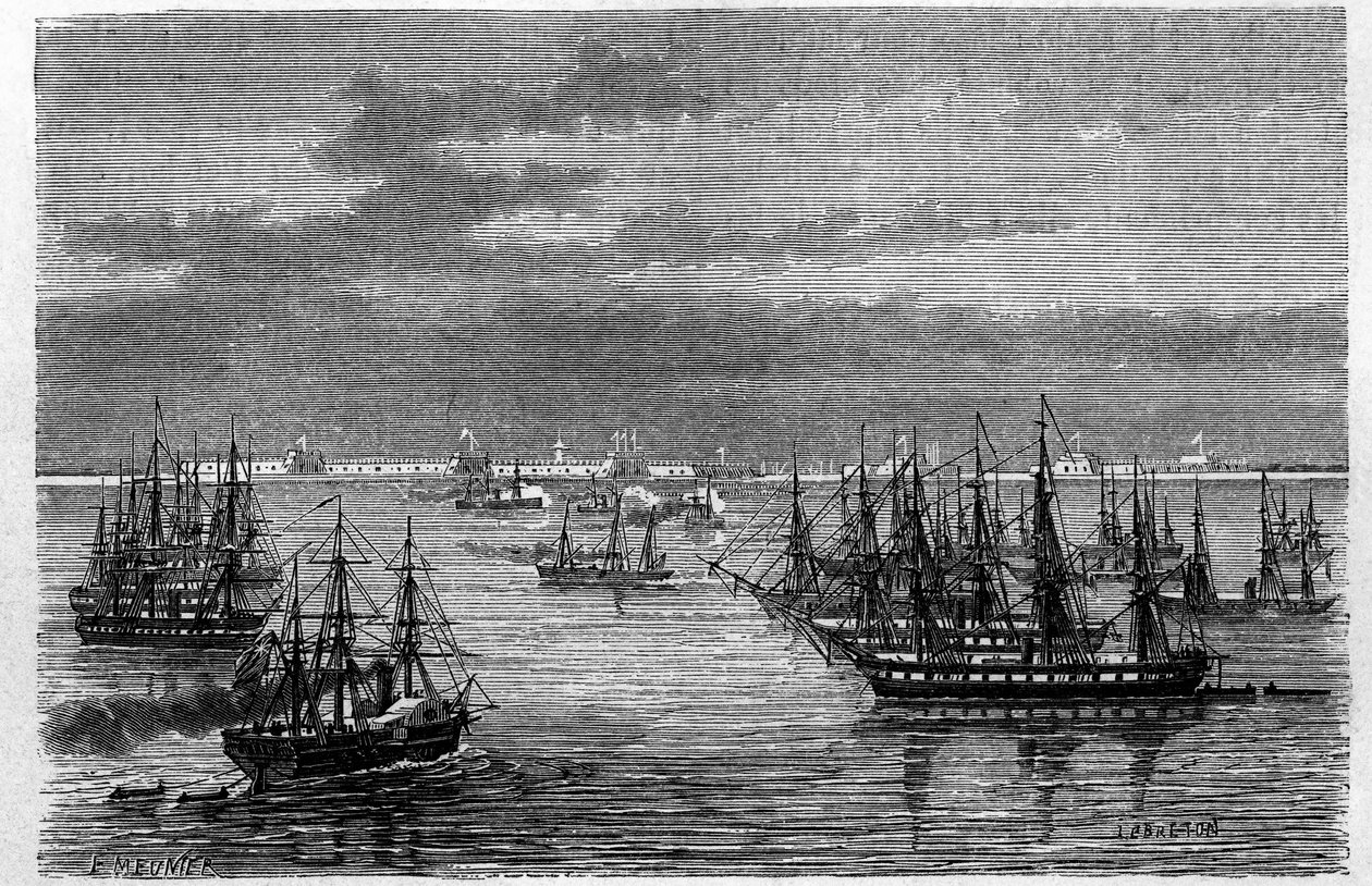 منظر للسرب الإنجليزي الفرنسي في مصب نهر هاي هي في بحر بوهاي في تانغو ، الصين. نقش ليبرتون ، في "" Le Tour du Monde ، Nouveau journal des Voyages "، تحرير إدوارد شارتون ، باريس بواسطة لويس لو بريتون