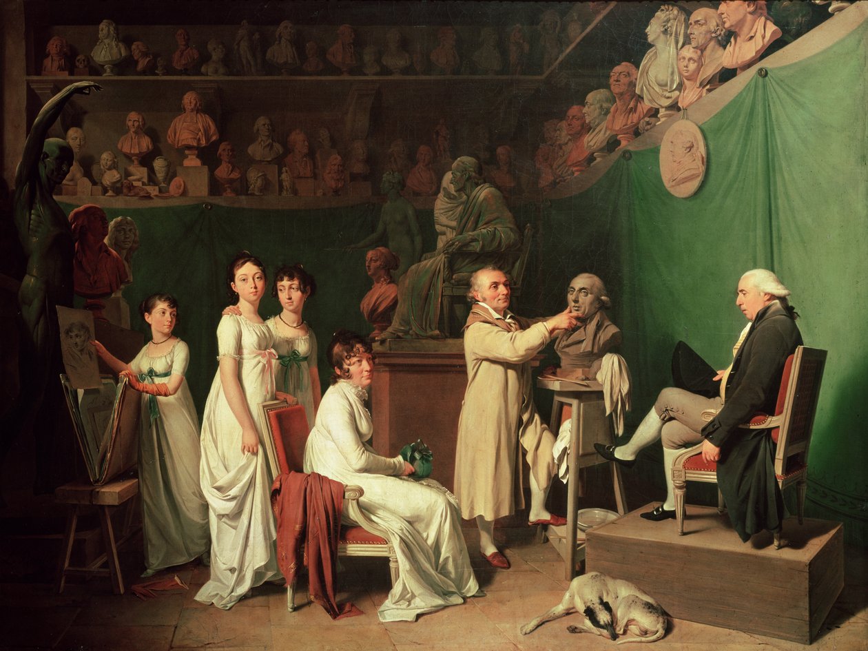 جان أنطوان هودون (1741-1828) نحت تمثال نصفي لبيار سيمون (1749-1827) ماركيز دي لابلاس بحضور زوجته وبناته ، 1804 بواسطة لويس ليوبولد بويلي