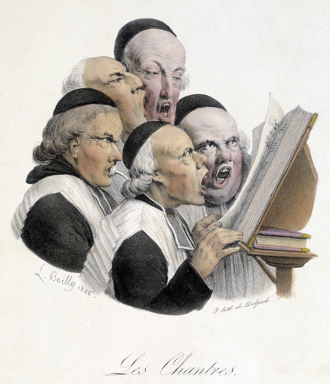 غناء رجال الدين (ليه الترانيم). رسم كاريكاتوري ل.بويلي يرجع تاريخه إلى عام 1826. بواسطة لويس ليوبولد بويلي