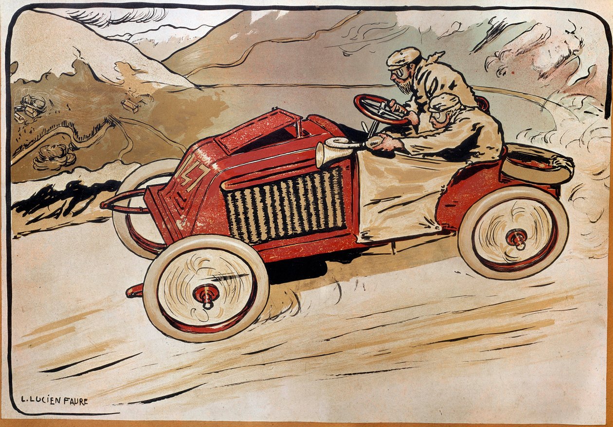 Automobile: a racing car. Marcel Renault (1872-1903) and Rene Vauthier crossing the Alps during the race PARIS-VIENNA in 1902 in car 147. Lithograph by Louis Lucien Faure Dujarric (1872-?) , 20th century. Conservatoire national des Arts et Metiers, Paris بواسطة لويس لوسيان فوري دوجاريك