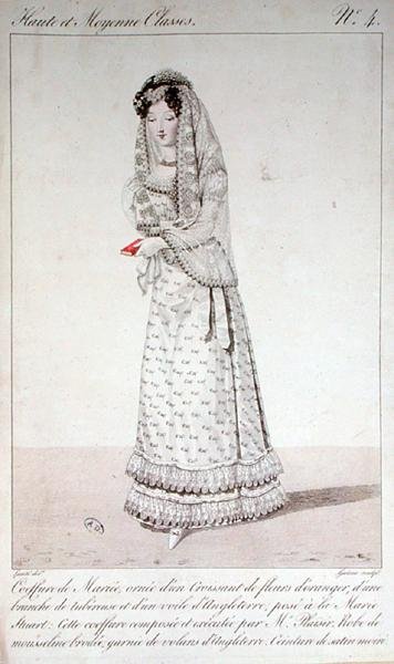 فستان الزفاف وكوافير ، لوحة الموضة رقم 4 من سلسلة "Haute et Moyenne Classes" ، نقشها جورج جاك جاتين (1773-1831) أوائل القرن التاسع عشر (نقش ملون) بواسطة لويس ماري (بعد) لانتي